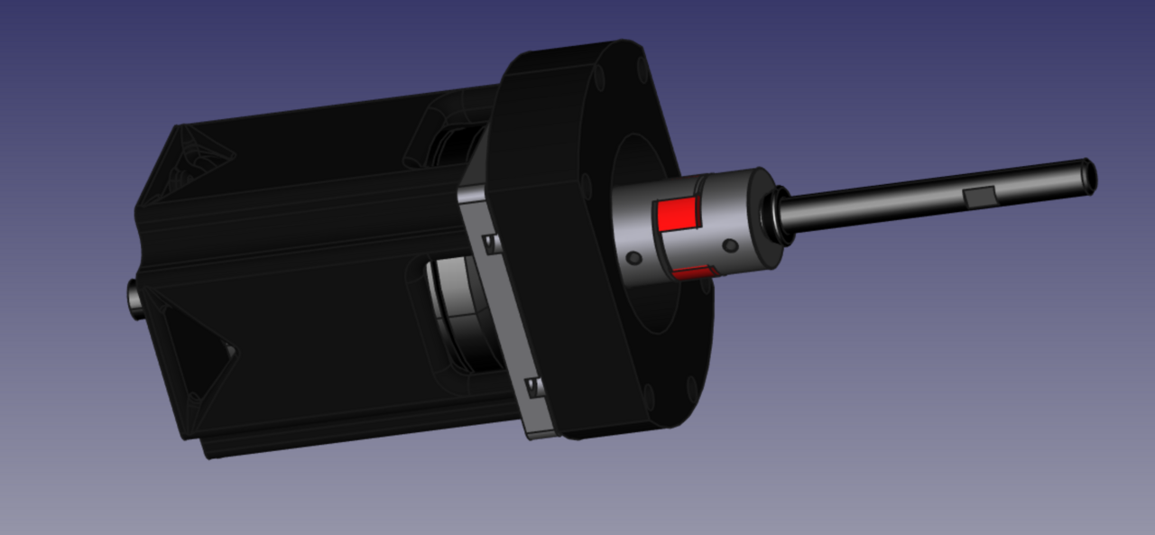 A render of the new motor assembly.  From left to right: the motor in a 3D printed housing, its metal mounting plate, a 3D printed bracket to adapt the plate to the sewing machine, a shaft coupler, and the custom machined worm shaft.